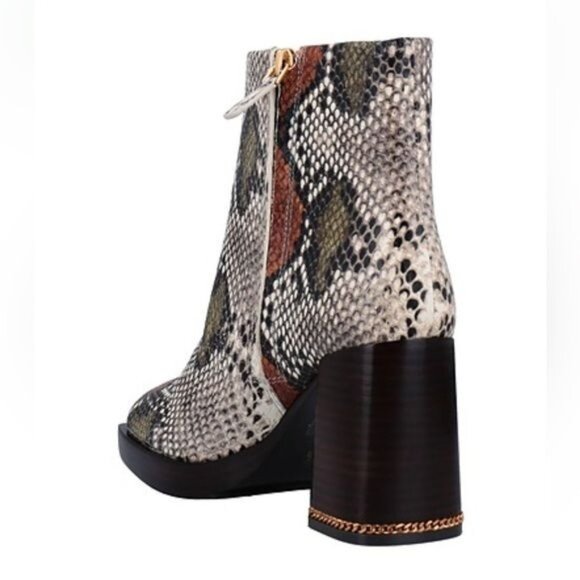 Tory Burch Ruby Python-Embossed Ankle Boots Size 8 Aspen Block Heel Chain Accent - Picture 3 of 13